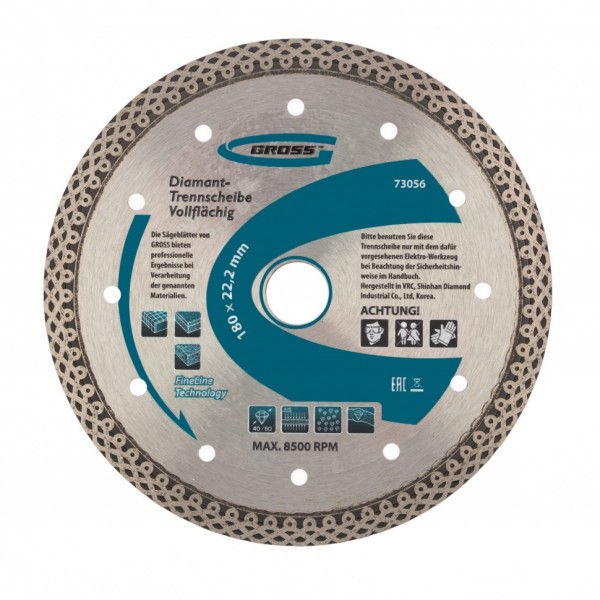 Диск алмазный, 180 х 22.2 мм, тонкий, сплошной (Jaguar), мокрая резка Gross 73056