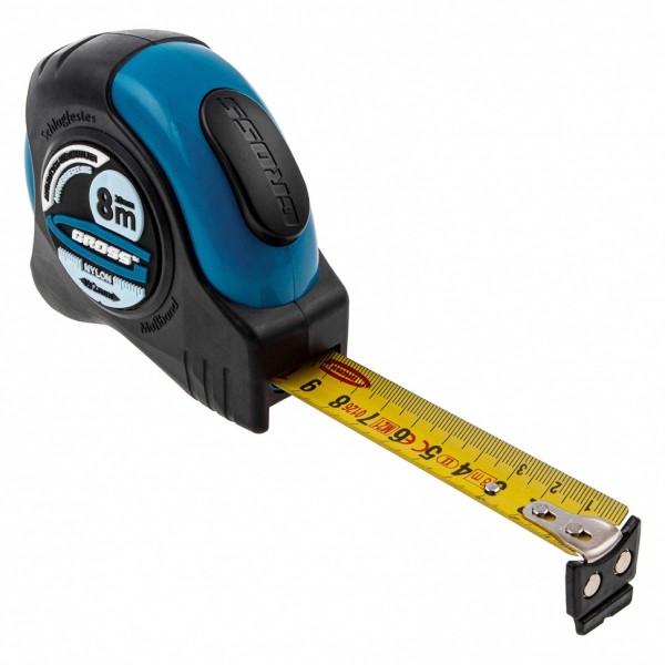 Рулетка Schlagfest,8 м x 25 мм,магнитный обрезиненный зацеп,двусторонняя шкала,Нейлоновое покрытие,автоматическая фиксация Gross 31114