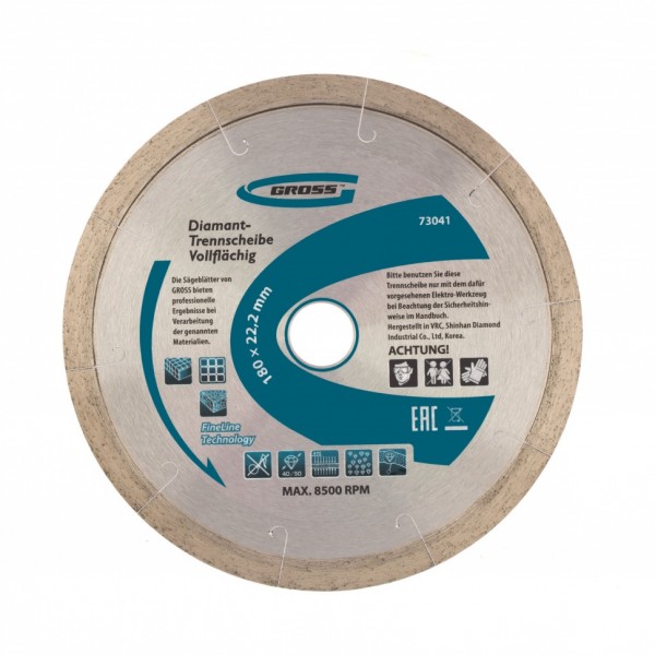 Диск алмазный, 180 х 22.2 мм, сплошной c лазерной перфорацией, мокрая резка Gross 73041