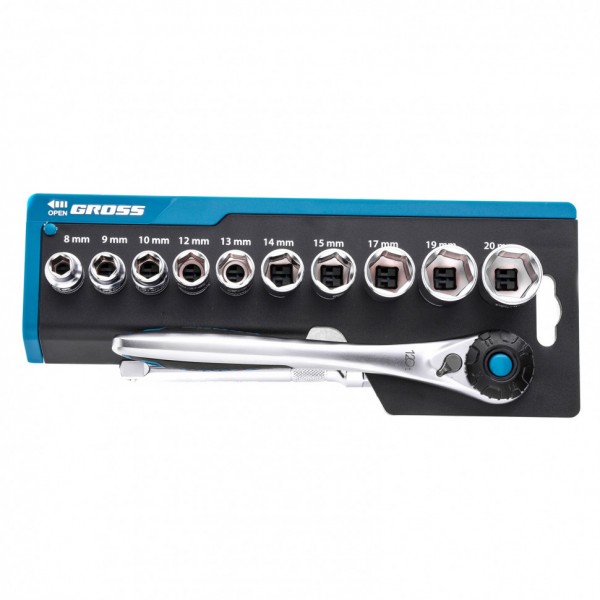 Набор торцевых головок, трещотка 120 зубьев, 12 предметов, 3/8, CrV Gross 14139