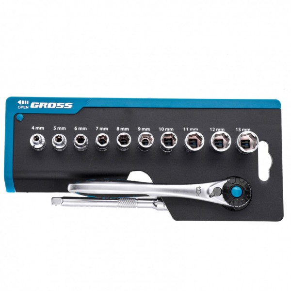Набор торцевых головок, трещотка 120 зубьев, 12 предметов, 1/4, CrV Gross 14141