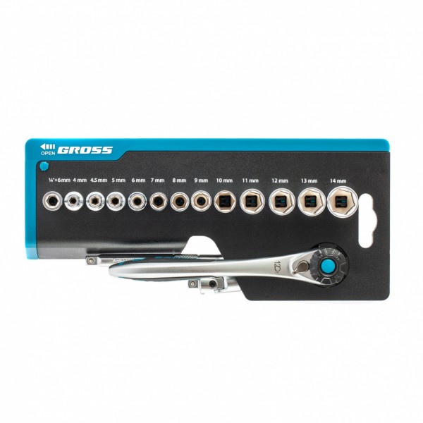 Набор торцевых головок, трещотка 120 зубьев, 36 предметов, 1/4, CrV Gross 14142