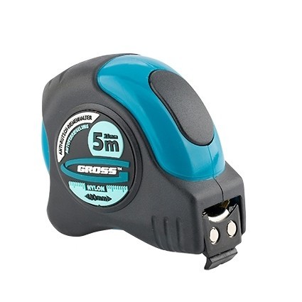 Рулетка Schlagfest,5 м x 25 мм,магнитный обрезиненный зацеп,двусторонняя шкала,Нейлоновое покрытие,автоматическая фиксация Gross 31113