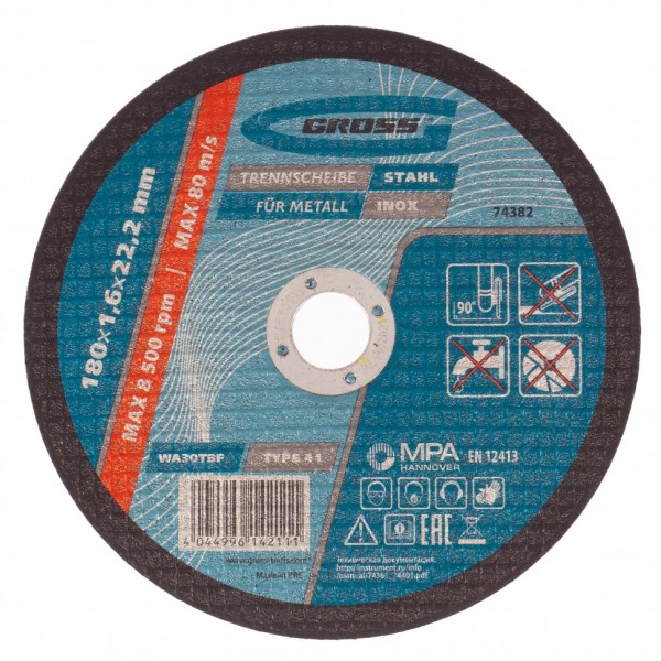 Круг отрезной по металлу, 180 х 1.6 х 22.2 мм Gross 74382